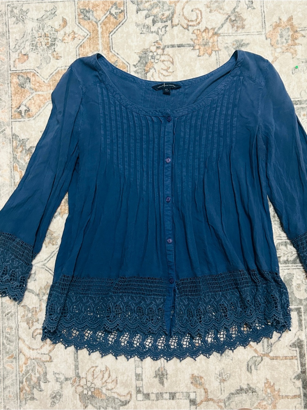 American Eagle Outfitters Navy Blue Crochet-Trim Button Down Top